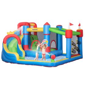 Outsunny 6-in-1 Inflatable Bounce House, Kids Outdoor Play Castle with Slide Trampoline Water Gun Throwing Wall Blue and Yellow