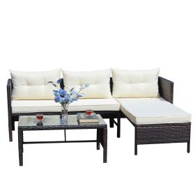 Outdoor patio Furniture sets 3 piece Conversation set wicker Ratten Sectional Sofa With Seat Cushions(Beige Cushion)